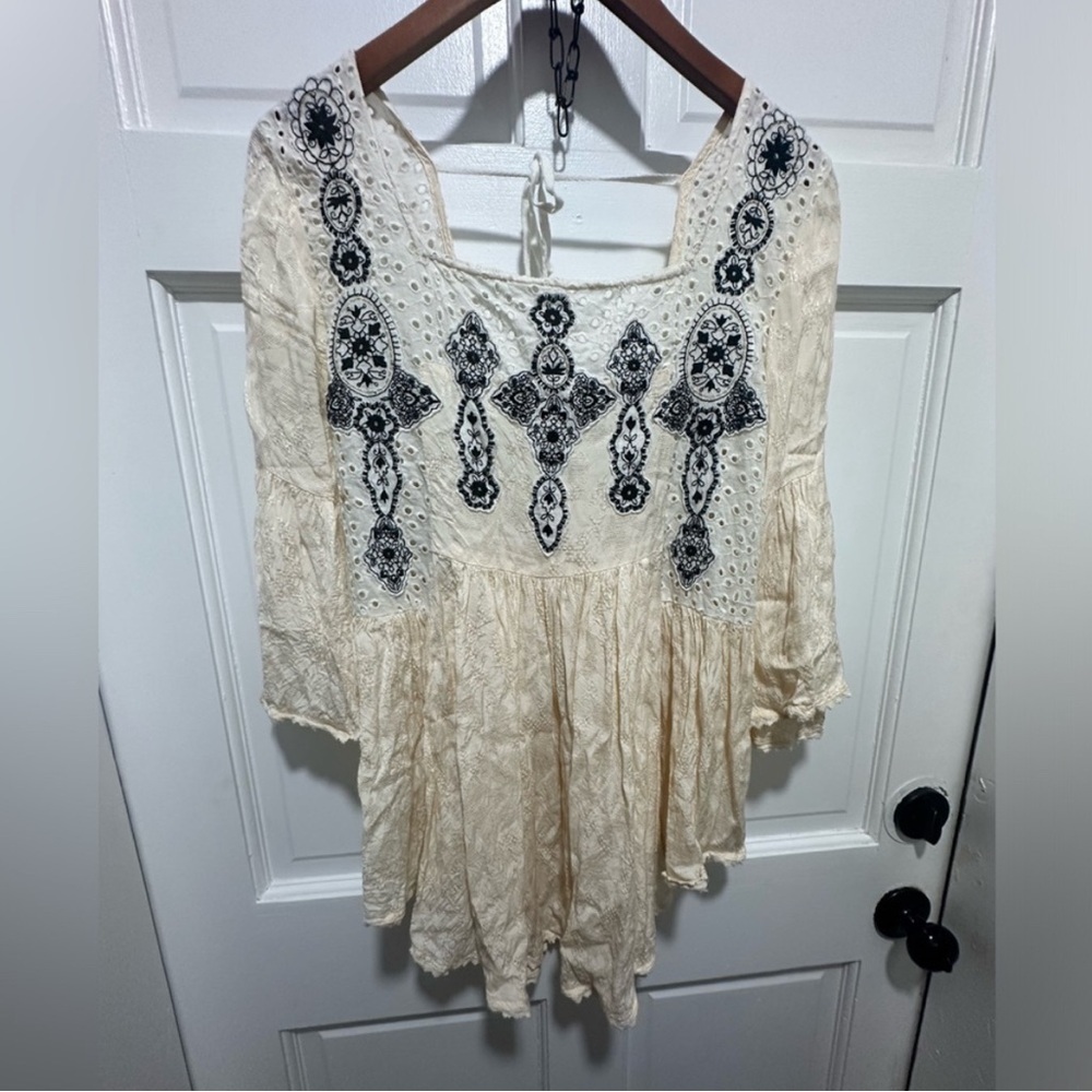 Free People Cream Embroidered Mini Dress Bohemian Gypsy